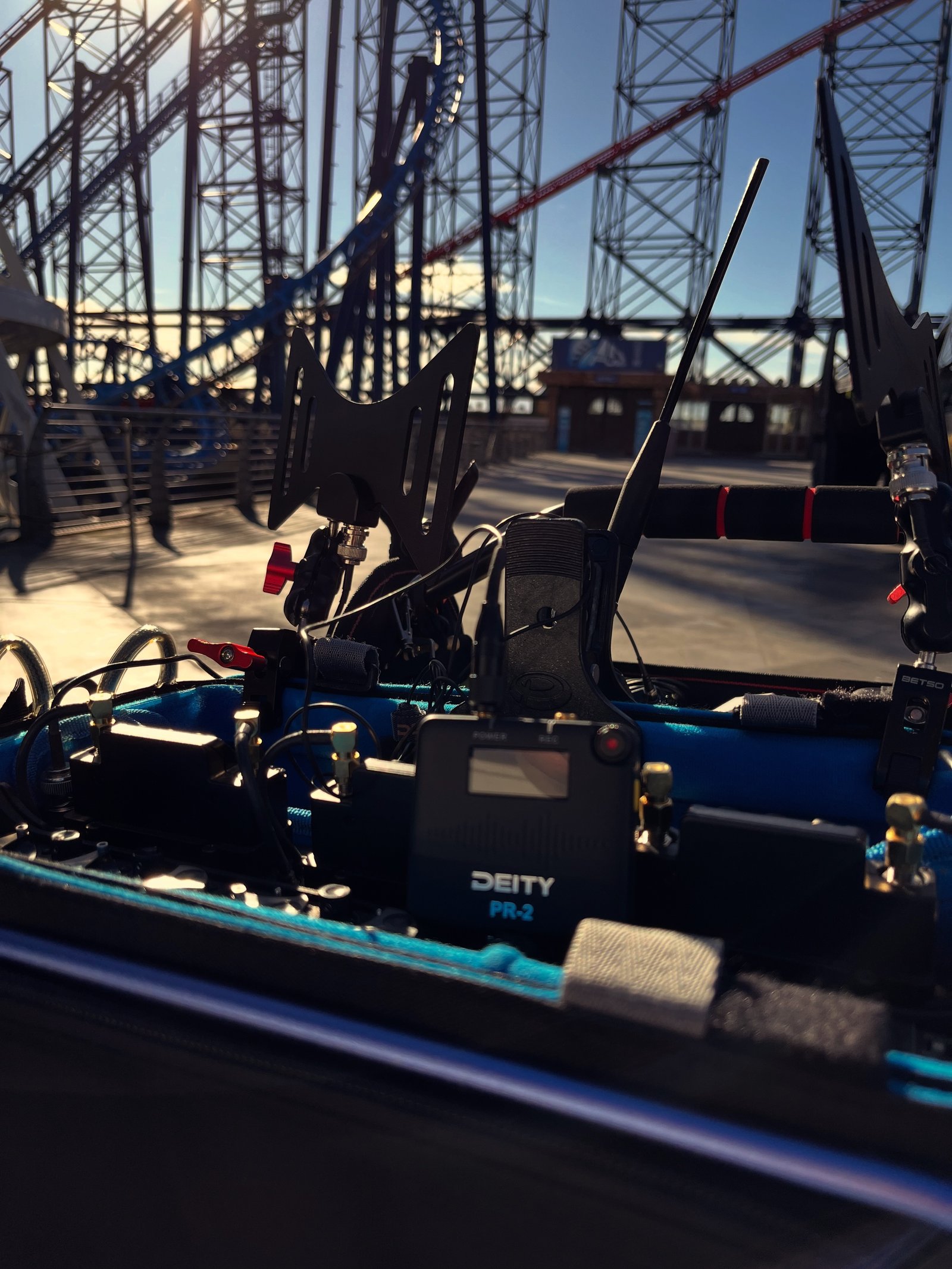 Boom pole and wireless receivers rigged on location at Blackpool Pleasure Beach.